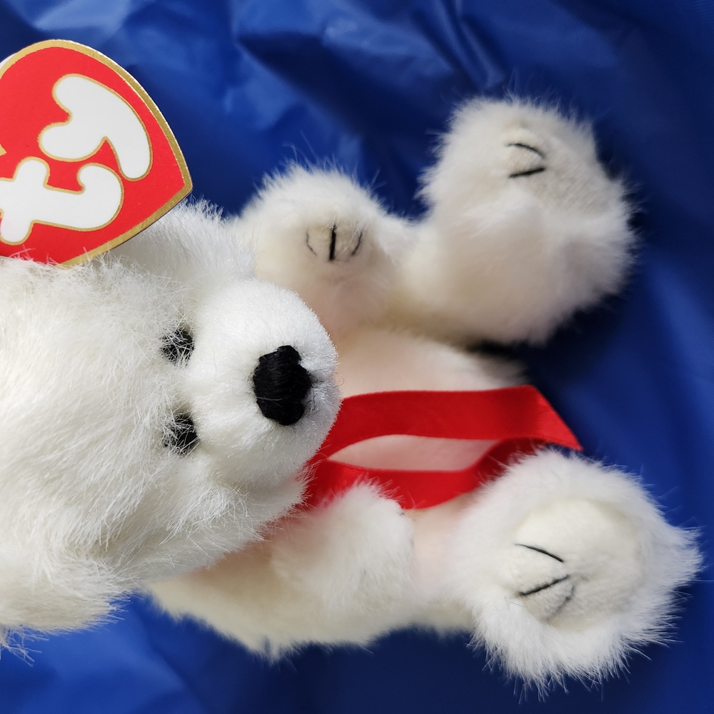 TY Beanie Baby White Bear with Red Ribbon